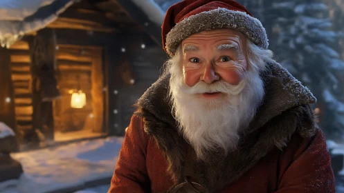 Snow-dusted Santa portrait outside log cabin, soft bokeh glow.