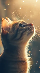 Cat gazing upward captured in warm golden hour backlighting.