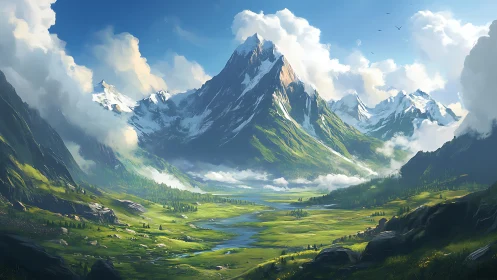 Sunlit alpine valley under towering snow-capped central peak