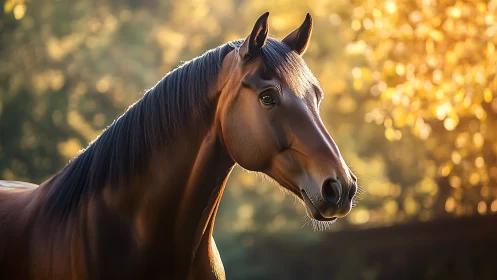 Horse head profile in warm backlit outdoor environment