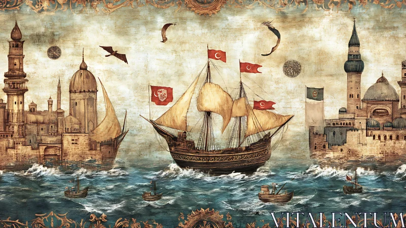 Ottoman era sailing ship between fortified coastal cities.