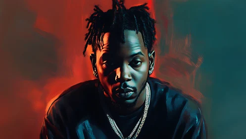 Moody digital portrait of man in dark shirt and chains.