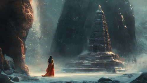 Solitary figure before stepped stone tower in icy gorge.