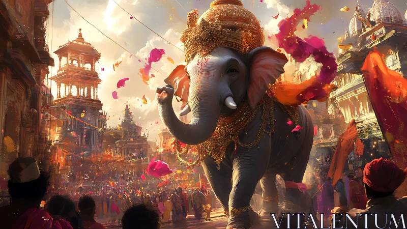 Regal festival elephant strides through vibrant temple street.