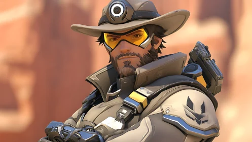 Futuristic cowboy soldier in desert with tactical armor.