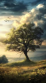 Sunlit hillside tree welcoming the day’s gentle glow.