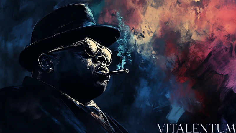 Portrait of man in hat smoking against abstract background.