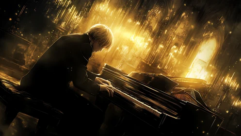 Golden-lit pianist bends over grand piano in cathedral interior