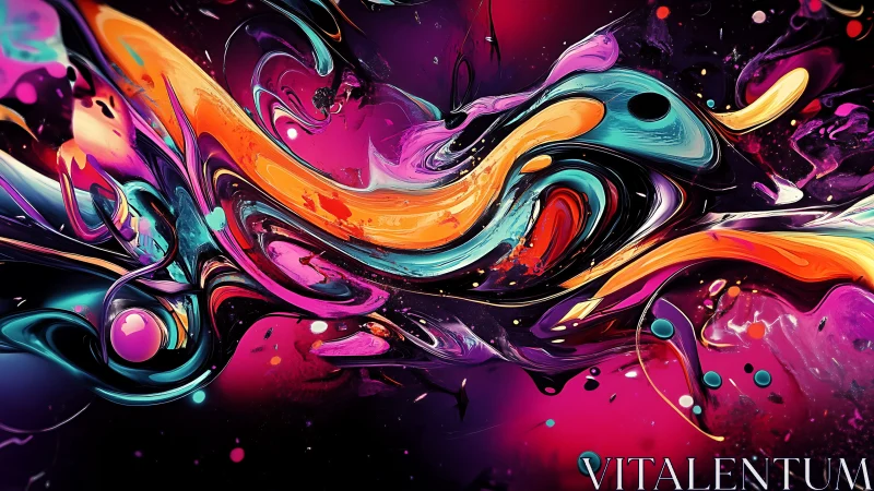 Neon fluid ribbons swirl through high-contrast cosmic field.