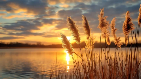 Gentle sunset reeds glowing beside a quiet golden lake.