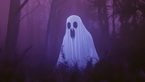 Moonlit ghost drifts through violet mist in haunted forest.
