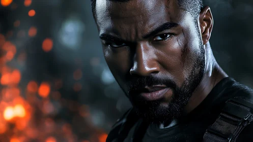 Steely gaze in the embers of an intense battlefield night.