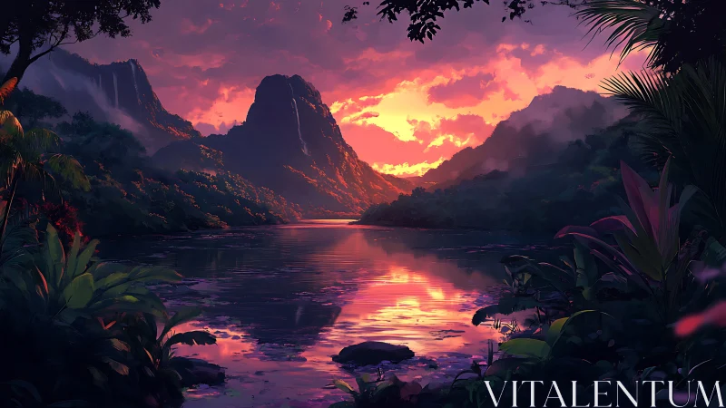 Sunset river slips between jungle peaks and drinks the sky