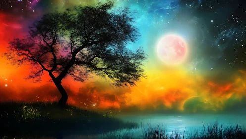 Chromatic lunar shoreline with silhouetted arboreal geometry.