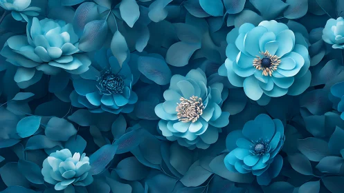 Layered Cerulean Floral Composition with Metallic Stamen Detail.