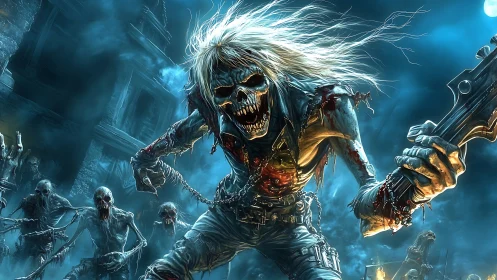 Moonlit undead rocker leads a wild midnight graveyard charge.