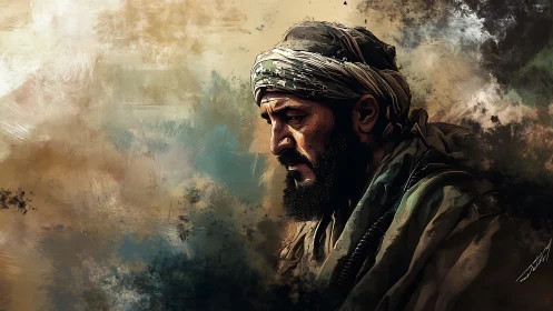 Stoic bearded wanderer in textured desert-toned portrait.