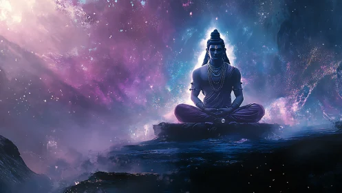 Meditating figure sits on rocky surface amid cosmic nebula