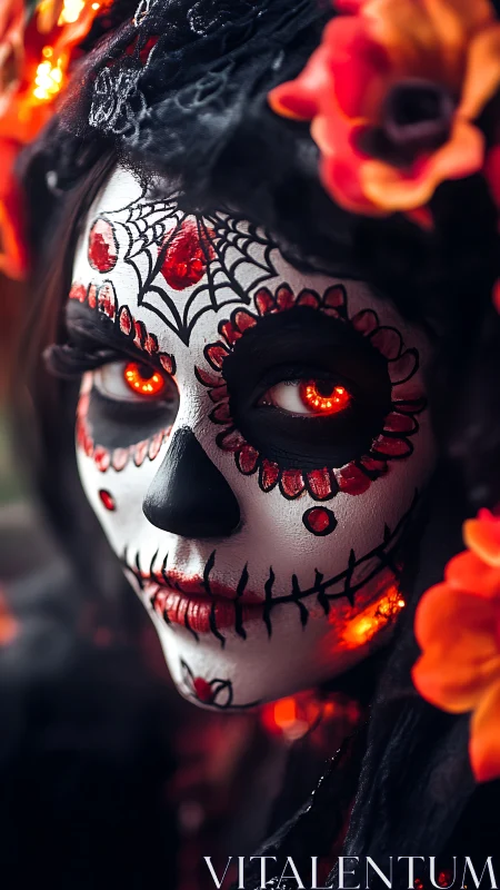 Glowing D&iacute;a de Muertos makeup with fiery red sugar skull gaze.