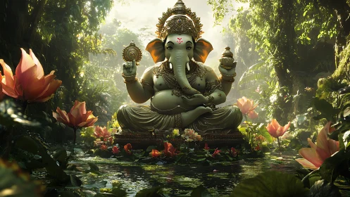 Serene elephant deity idol illuminated in lush jungle pond.
