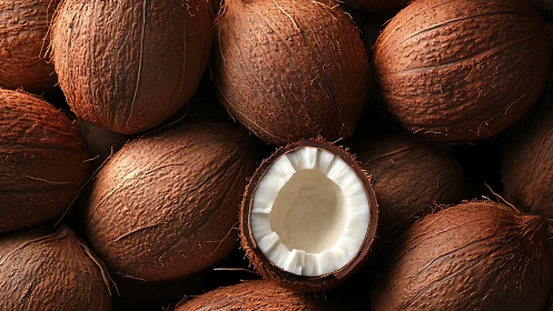 Curious cracked coconut nestled among rich brown shells.