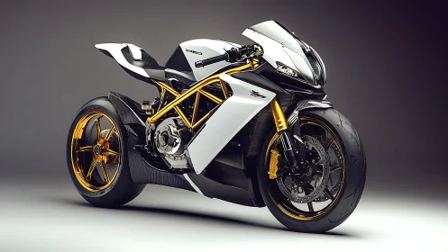 Parametric superbike with gold lattice frame and aero fairings.