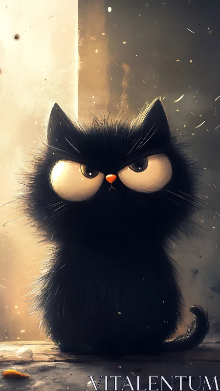 Grumpy black kitten illustration under warm side lighting.