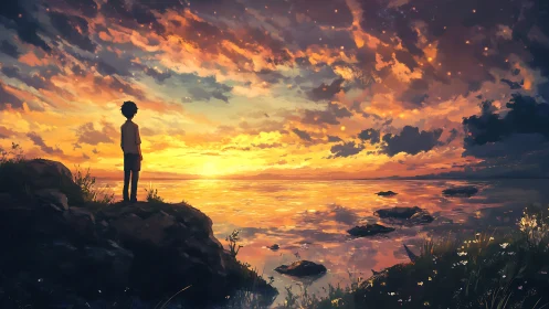 Digital painting sunset vista with solitary shoreline figure.