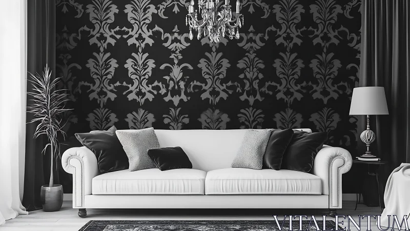 Monochrome living room with baroque damask wall.
