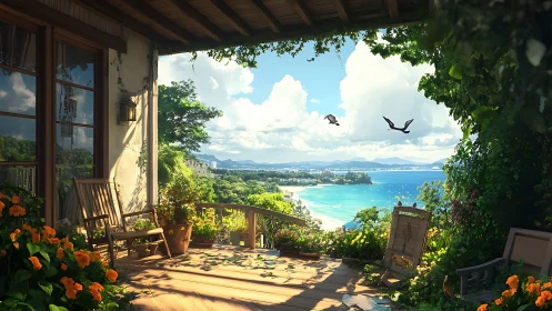 Sunlit coastal veranda overlooking turquoise bay and dunes