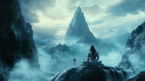 Solitary ascetic silhouette studies mist-laden alpine peak alignment