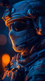 Tactical night operative in blazing neon blue and ember light.
