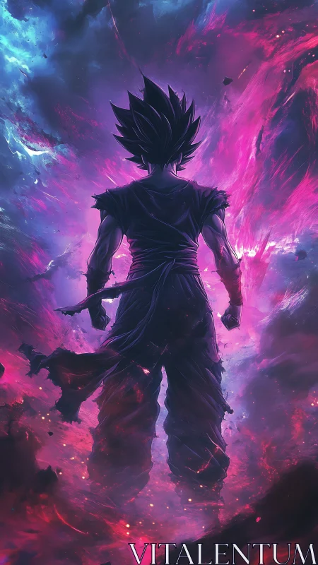 Silhouetted anime fighter stands in glowing cosmic storm