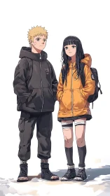 Two anime teens standing in casual hoodies and sandals.