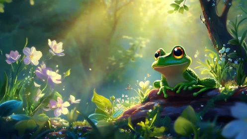 Green frog on mossy log in softly lit forest clearing.