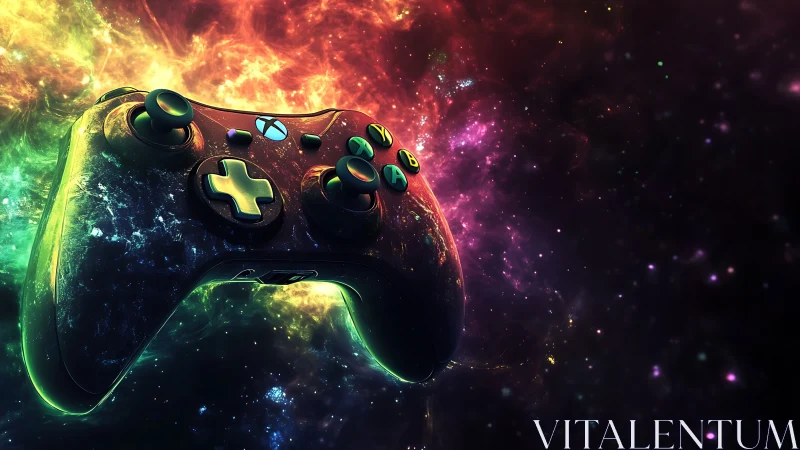 Cosmic gamepad drifting through glowing nebula clouds.