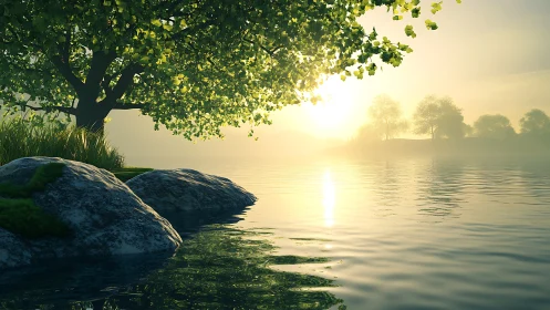 Digital painting of lakeside dawn under luminous foliage canopy.