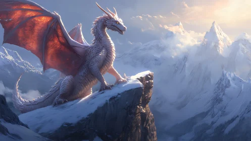 Majestic crimson-winged dragon surveying icy mountain realm.