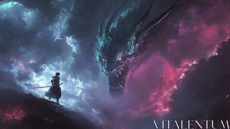 Lone swordsman confronts colossal storm dragon in blazing sky.