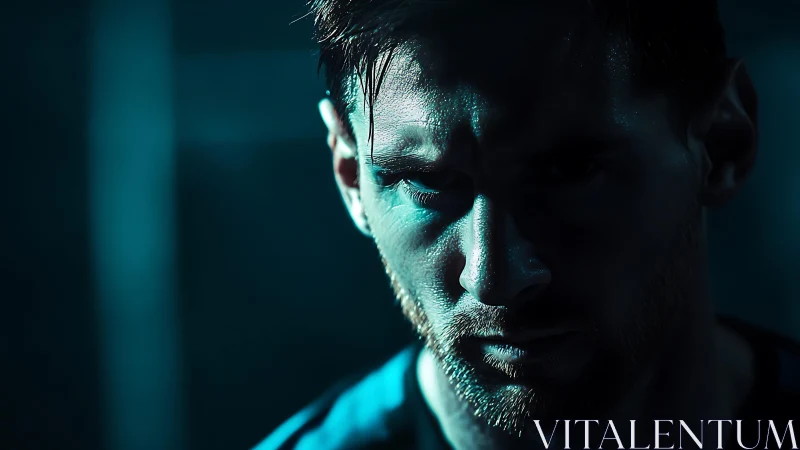 Low key close-up portrait of man in teal side lighting.