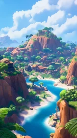 Fantasy valley settlement nestled between towering rock formations