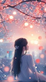 Gazing girl beneath glowing cherry lanterns at dusk.