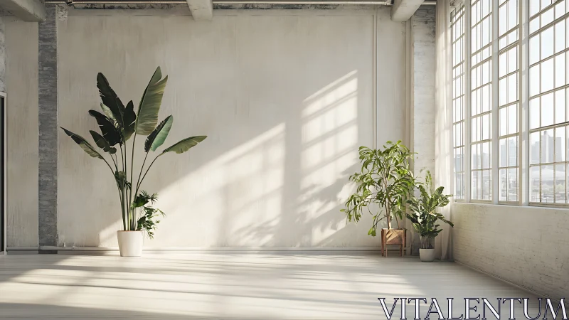 Sunlit minimalist loft wall displays tall indoor plants