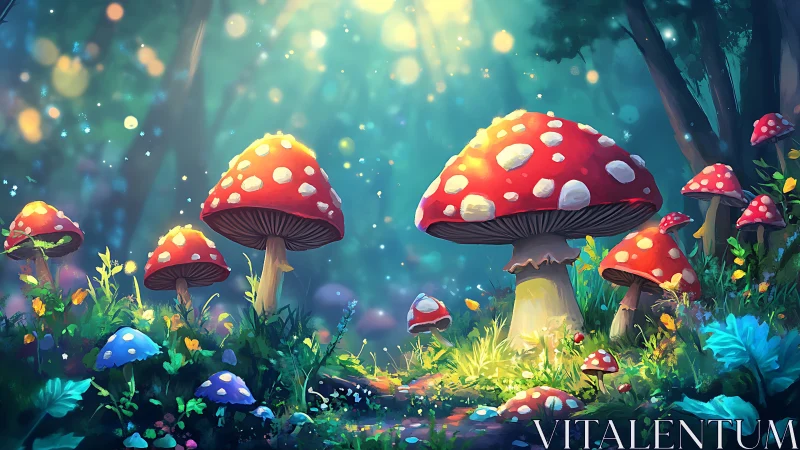 Digital painting of luminous toadstools in enchanted forest clearing.