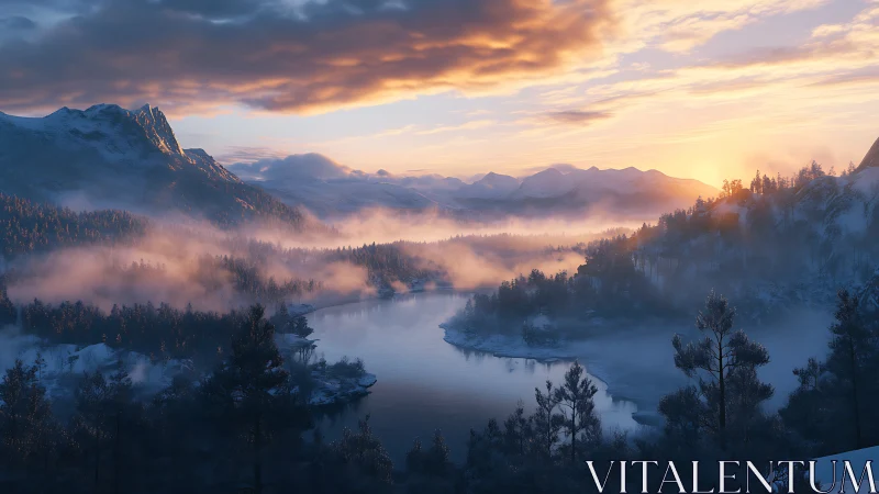 Gentle winter sunrise over a misty mountain river valley.