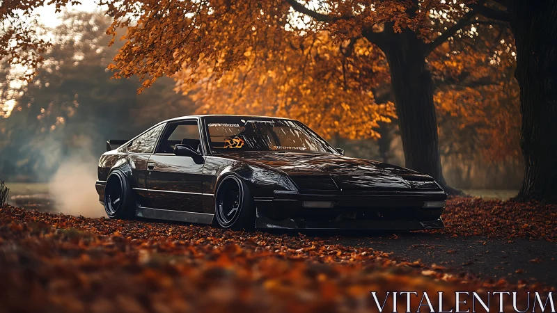Lowered black drift car parked on leaf-covered autumn road.