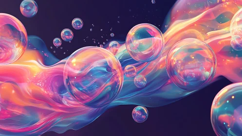 Glowing iridescent bubbles drift across neon liquid ribbons.
