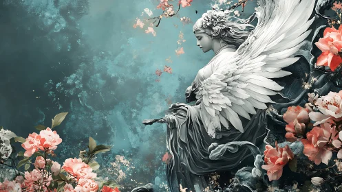 Serene winged maiden rests in a dreamlike floral garden