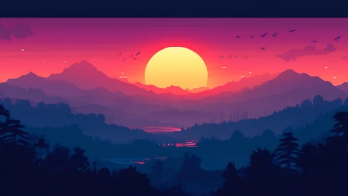 Sunset illuminates layered mountains and forest silhouettes