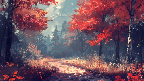 Autumn Forest Path Where Fall Colors Dance Through Misty Light.